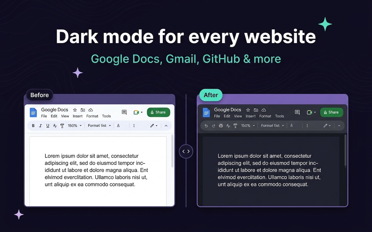 Before and after comparison — Google Docs in light mode vs dark mode