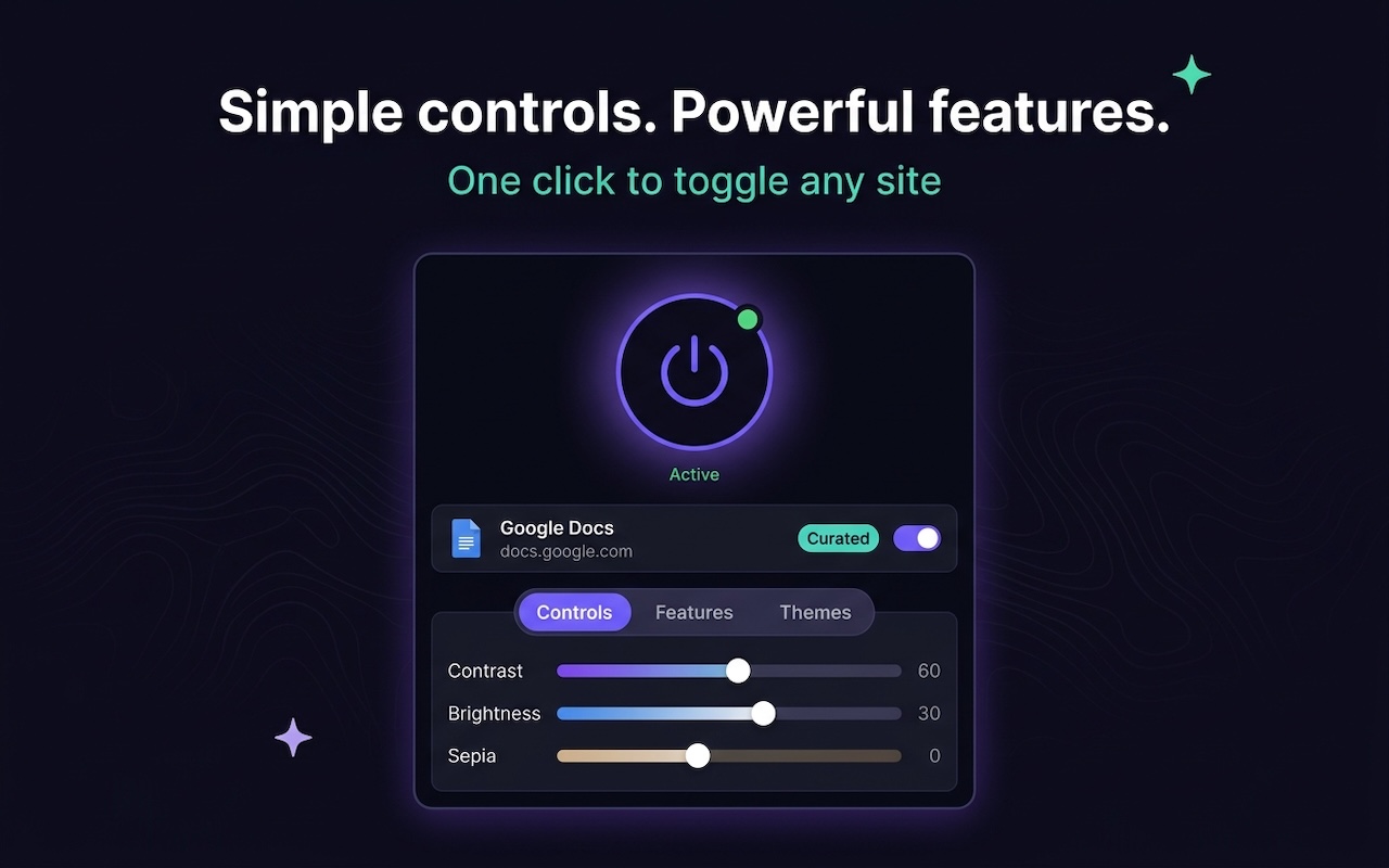 Dark Mode extension popup UI showing controls and sliders